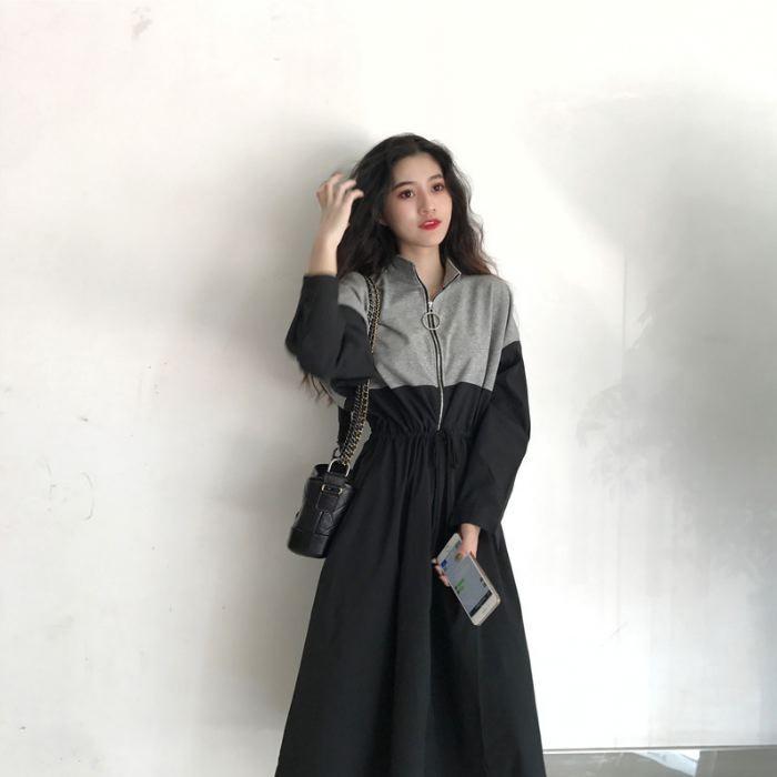 ワンピース ロング ひざ下丈 長袖 バイカラー ブルー ホワイト ブラック ウエストマーク ゆったり 送料無料 |  | 16