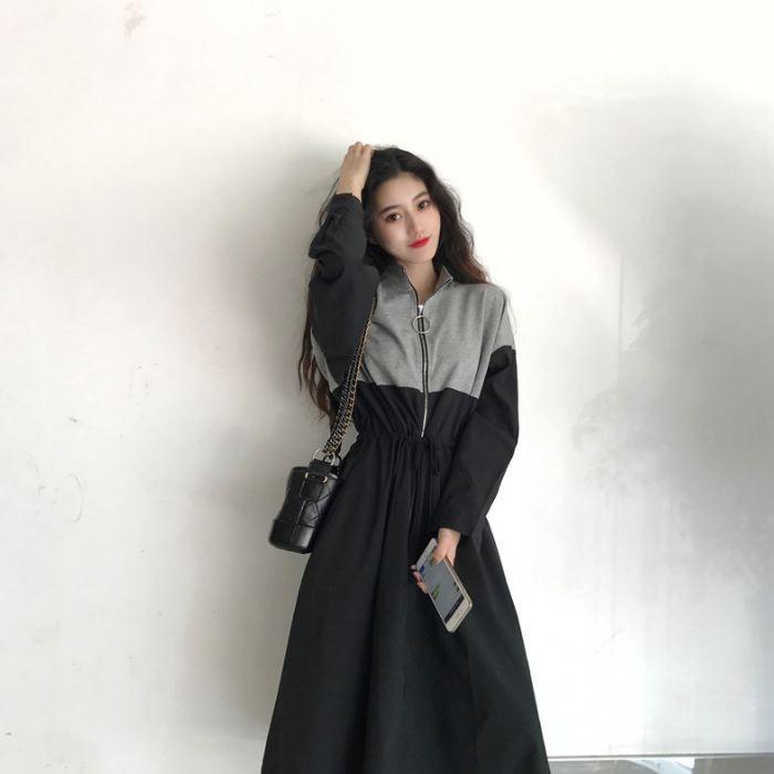 ワンピース ロング ひざ下丈 長袖 バイカラー ブルー ホワイト ブラック ウエストマーク ゆったり 送料無料 |  | 17