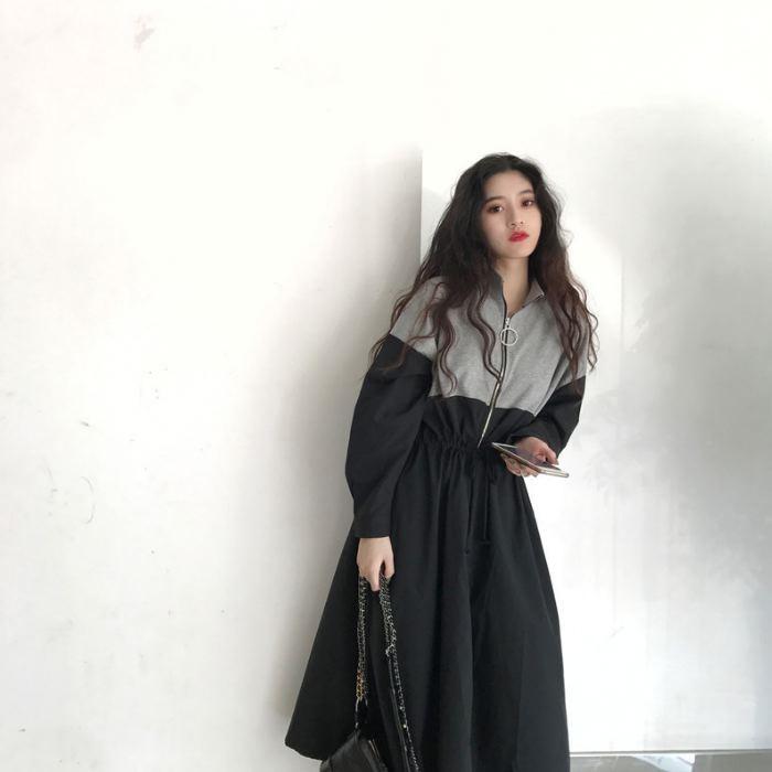 ワンピース ロング ひざ下丈 長袖 バイカラー ブルー ホワイト ブラック ウエストマーク ゆったり 送料無料 |  | 18