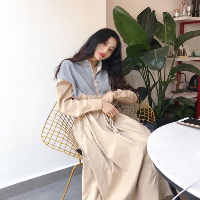 ワンピース ロング ひざ下丈 長袖 バイカラー ブルー ホワイト ブラック ウエストマーク ゆったり 送料無料 |  | 04