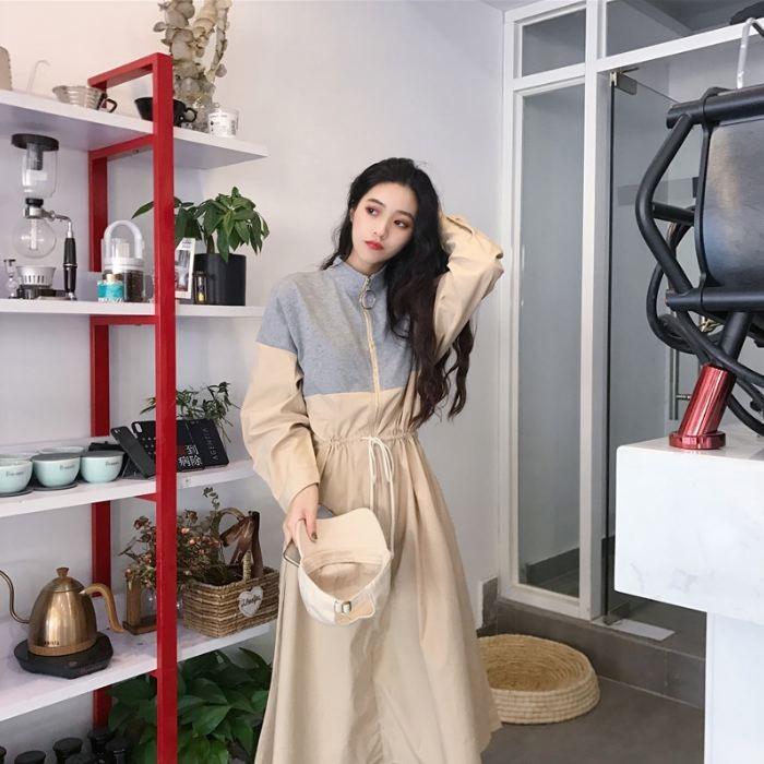 ワンピース ロング ひざ下丈 長袖 バイカラー ブルー ホワイト ブラック ウエストマーク ゆったり 送料無料 |  | 05