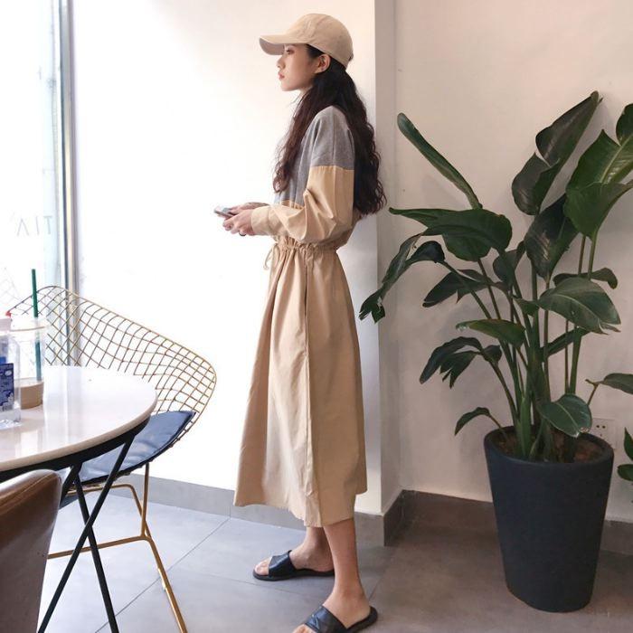 ワンピース ロング ひざ下丈 長袖 バイカラー ブルー ホワイト ブラック ウエストマーク ゆったり 送料無料 |  | 06