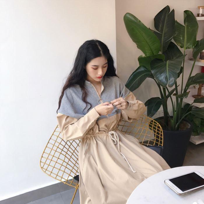 ワンピース ロング ひざ下丈 長袖 バイカラー ブルー ホワイト ブラック ウエストマーク ゆったり 送料無料 |  | 07