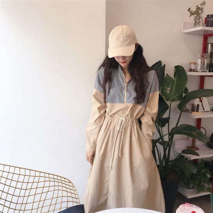 ワンピース ロング ひざ下丈 長袖 バイカラー ブルー ホワイト ブラック ウエストマーク ゆったり 送料無料 |  | 08