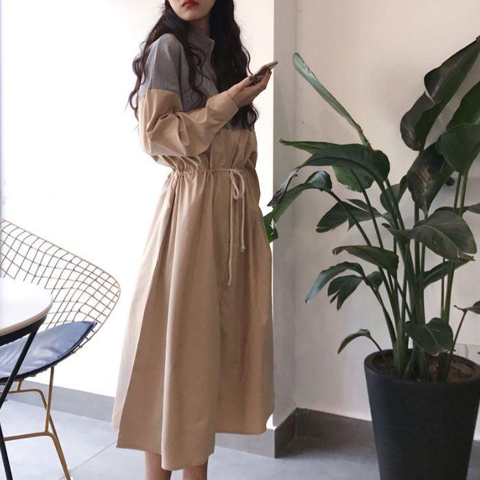 ワンピース ロング ひざ下丈 長袖 バイカラー ブルー ホワイト ブラック ウエストマーク ゆったり 送料無料 |  | 09