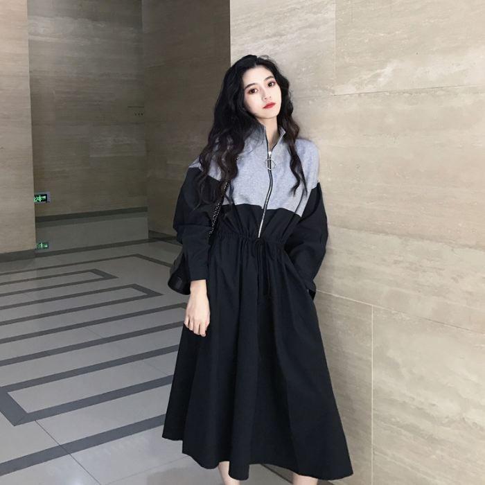 ワンピース ロング ひざ下丈 長袖 バイカラー ブルー ホワイト ブラック ウエストマーク ゆったり 送料無料 |  | 10