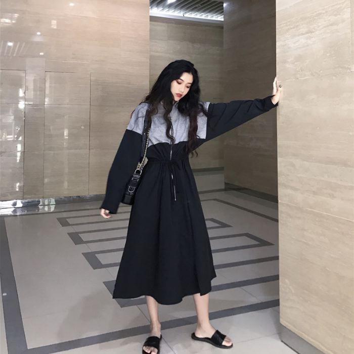 ワンピース ロング ひざ下丈 長袖 バイカラー ブルー ホワイト ブラック ウエストマーク ゆったり 送料無料 |  | 11