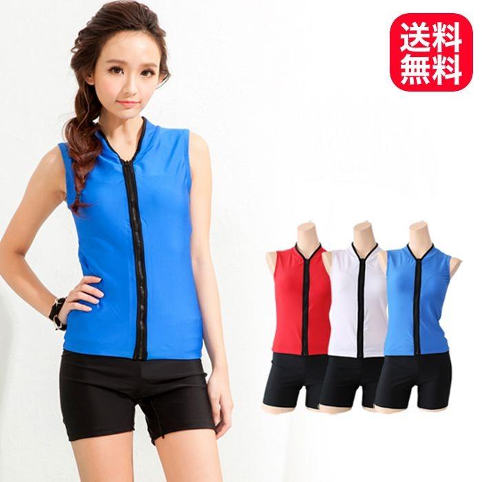 水着 タンキニ フィットネス スイミング ジム ノースリーブ ショートパンツ 短パン ブルー レッド ホワイト オシャレ シンプル 送料無料 742 | 