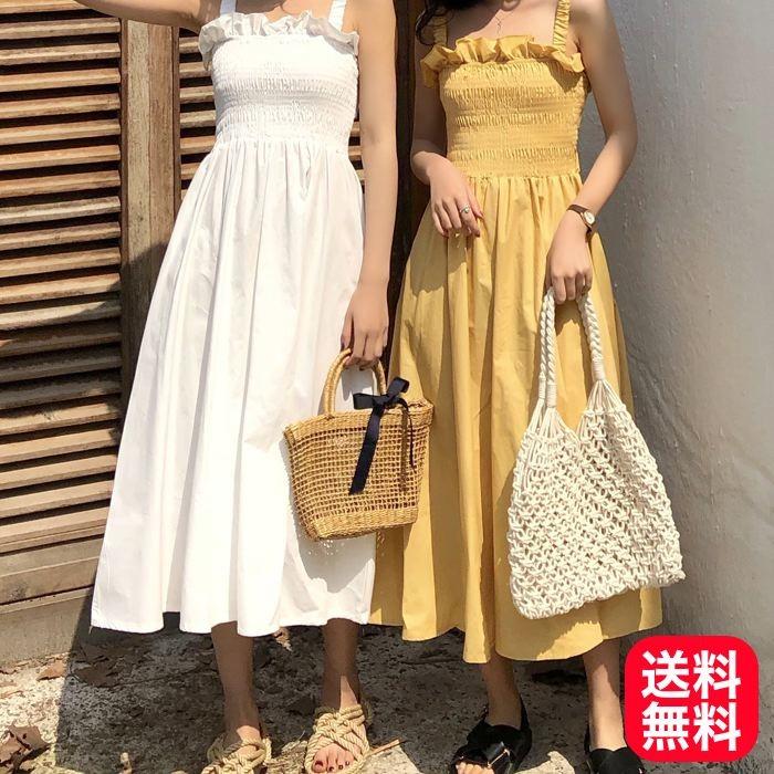 ワンピース キャミワンピース ミモレ丈 ノースリーブ フレア Aライン シャーリング ギャザー ガーリー 可愛い 送料無料 | 