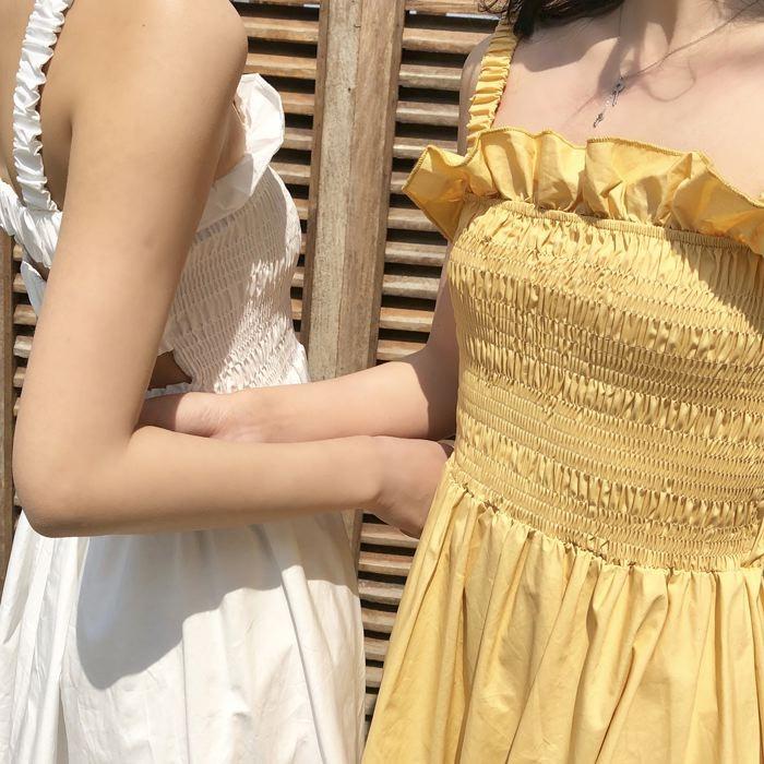 ワンピース キャミワンピース ミモレ丈 ノースリーブ フレア Aライン シャーリング ギャザー ガーリー 可愛い 送料無料 |  | 09