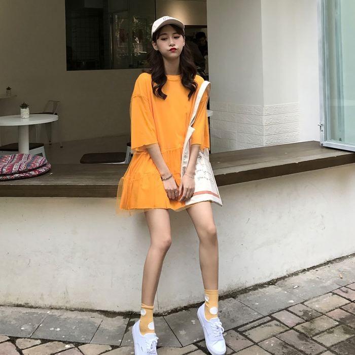 ワンピース ミニ丈 ロングTシャツ 五分袖 半袖 チュール フレア Aライン ピンク オレンジ ホワイト 白 シンプル 送料無料 |  | 04