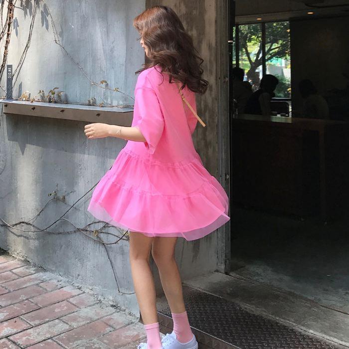 ワンピース ミニ丈 ロングTシャツ 五分袖 半袖 チュール フレア Aライン ピンク オレンジ ホワイト 白 シンプル 送料無料 |  | 13