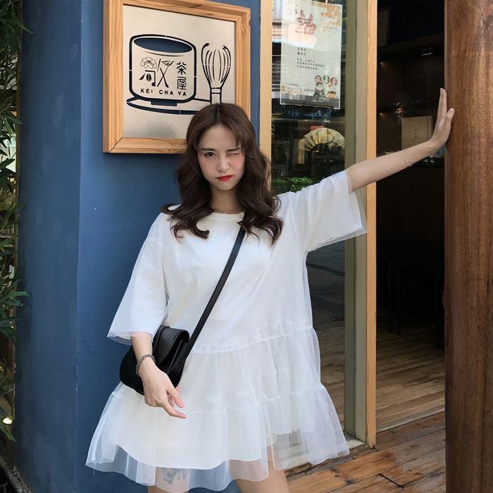 ワンピース ミニ丈 ロングTシャツ 五分袖 半袖 チュール フレア Aライン ピンク オレンジ ホワイト 白 シンプル 送料無料 |  | 14