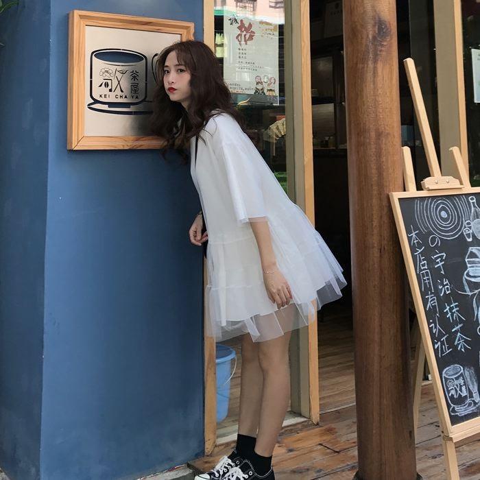 ワンピース ミニ丈 ロングTシャツ 五分袖 半袖 チュール フレア Aライン ピンク オレンジ ホワイト 白 シンプル 送料無料 |  | 15