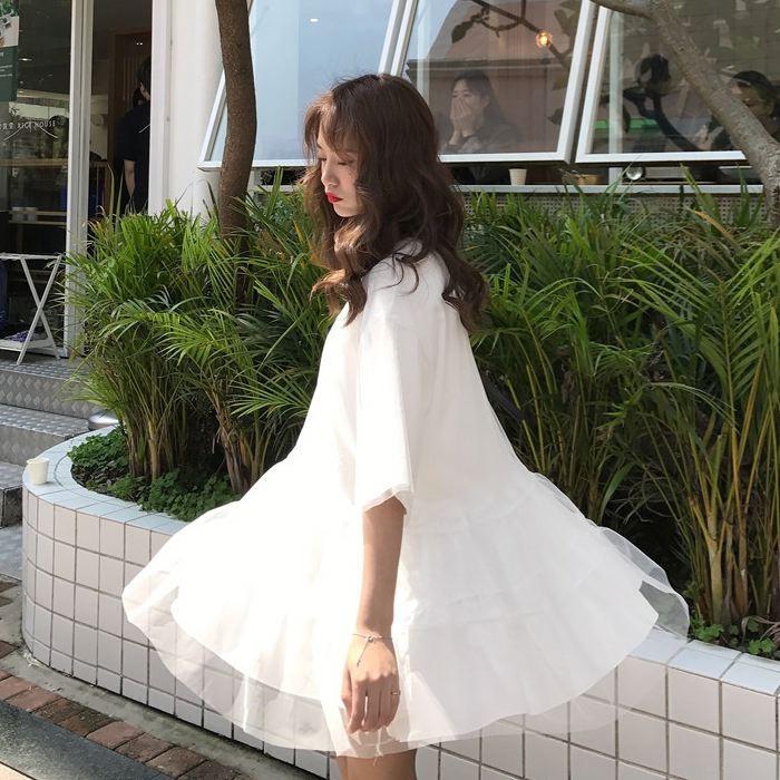 ワンピース ミニ丈 ロングTシャツ 五分袖 半袖 チュール フレア Aライン ピンク オレンジ ホワイト 白 シンプル 送料無料 |  | 16