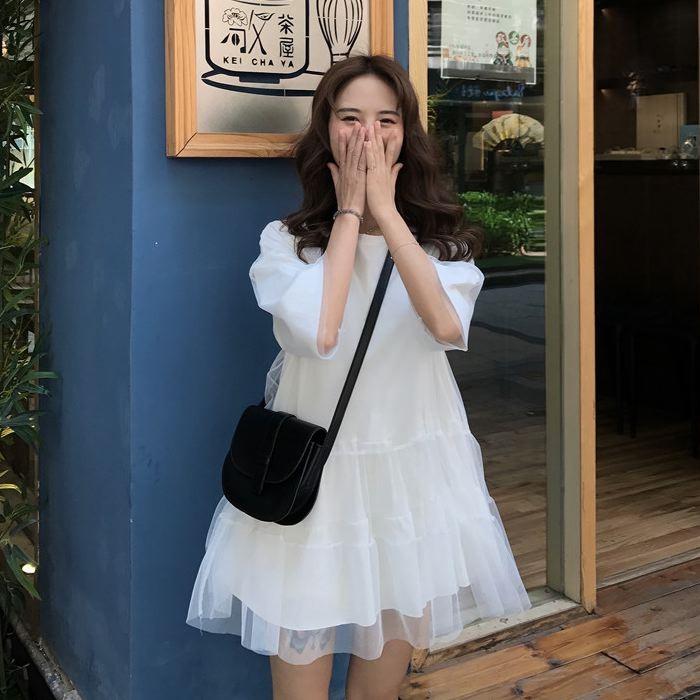 ワンピース ミニ丈 ロングTシャツ 五分袖 半袖 チュール フレア Aライン ピンク オレンジ ホワイト 白 シンプル 送料無料 |  | 17