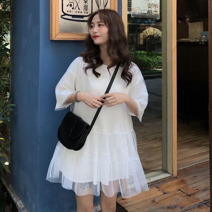 ワンピース ミニ丈 ロングTシャツ 五分袖 半袖 チュール フレア Aライン ピンク オレンジ ホワイト 白 シンプル 送料無料 |  | 18