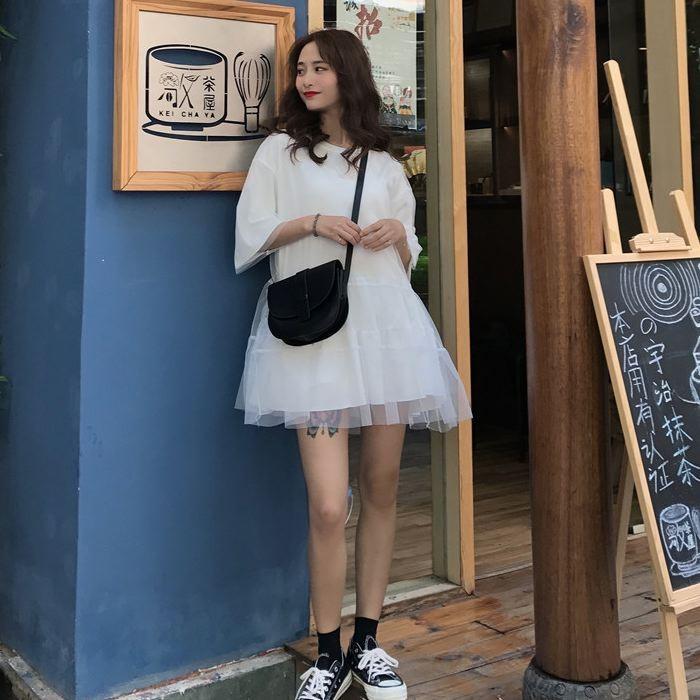 ワンピース ミニ丈 ロングTシャツ 五分袖 半袖 チュール フレア Aライン ピンク オレンジ ホワイト 白 シンプル 送料無料 |  | 19