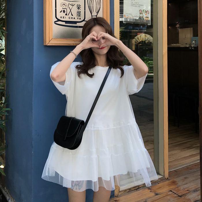 ワンピース ミニ丈 ロングTシャツ 五分袖 半袖 チュール フレア Aライン ピンク オレンジ ホワイト 白 シンプル 送料無料 |  | 20