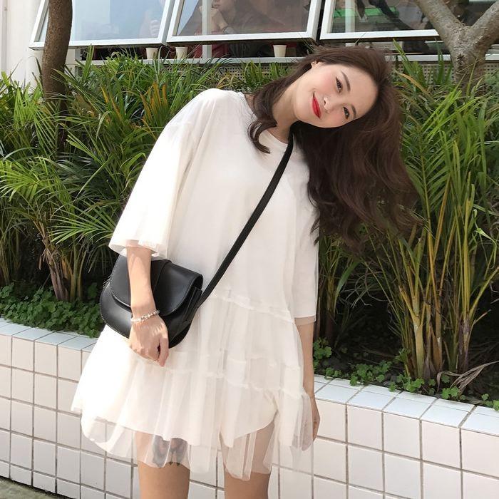 ワンピース ミニ丈 ロングTシャツ 五分袖 半袖 チュール フレア Aライン ピンク オレンジ ホワイト 白 シンプル 送料無料 |  | 21