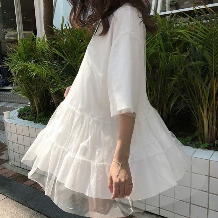 ワンピース ミニ丈 ロングTシャツ 五分袖 半袖 チュール フレア Aライン ピンク オレンジ ホワイト 白 シンプル 送料無料 |  | 22