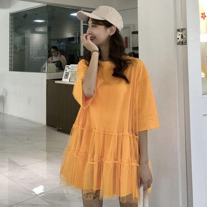 ワンピース ミニ丈 ロングTシャツ 五分袖 半袖 チュール フレア Aライン ピンク オレンジ ホワイト 白 シンプル 送料無料 |  | 05