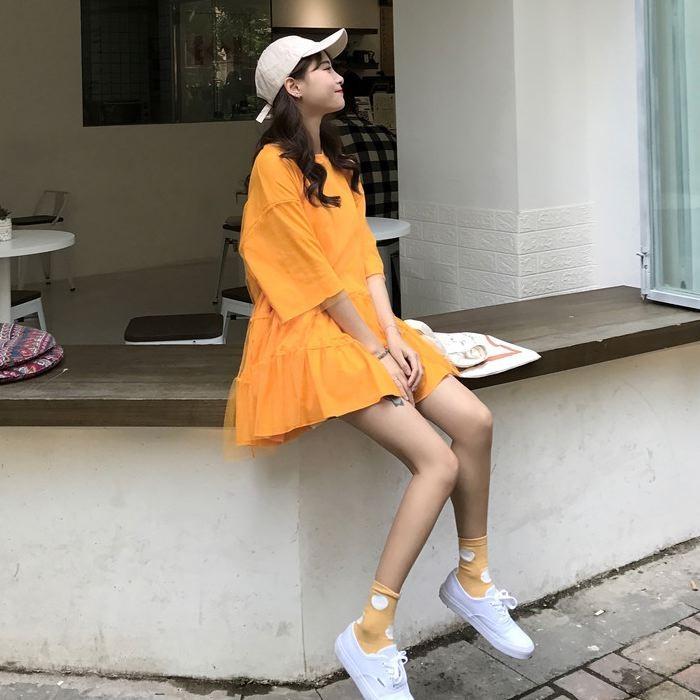 ワンピース ミニ丈 ロングTシャツ 五分袖 半袖 チュール フレア Aライン ピンク オレンジ ホワイト 白 シンプル 送料無料 |  | 06