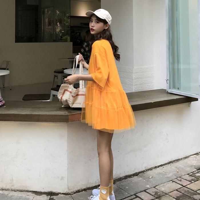 ワンピース ミニ丈 ロングTシャツ 五分袖 半袖 チュール フレア Aライン ピンク オレンジ ホワイト 白 シンプル 送料無料 |  | 07