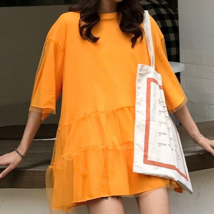 ワンピース ミニ丈 ロングTシャツ 五分袖 半袖 チュール フレア Aライン ピンク オレンジ ホワイト 白 シンプル 送料無料 |  | 08