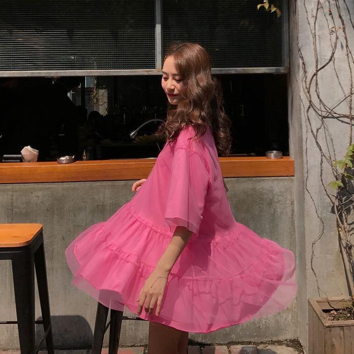 ワンピース ミニ丈 ロングTシャツ 五分袖 半袖 チュール フレア Aライン ピンク オレンジ ホワイト 白 シンプル 送料無料 |  | 09