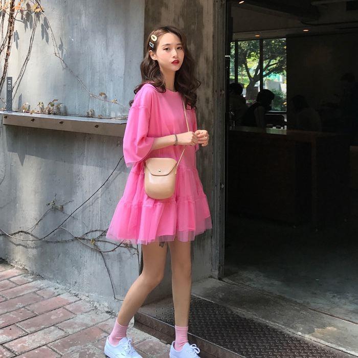 ワンピース ミニ丈 ロングTシャツ 五分袖 半袖 チュール フレア Aライン ピンク オレンジ ホワイト 白 シンプル 送料無料 |  | 10