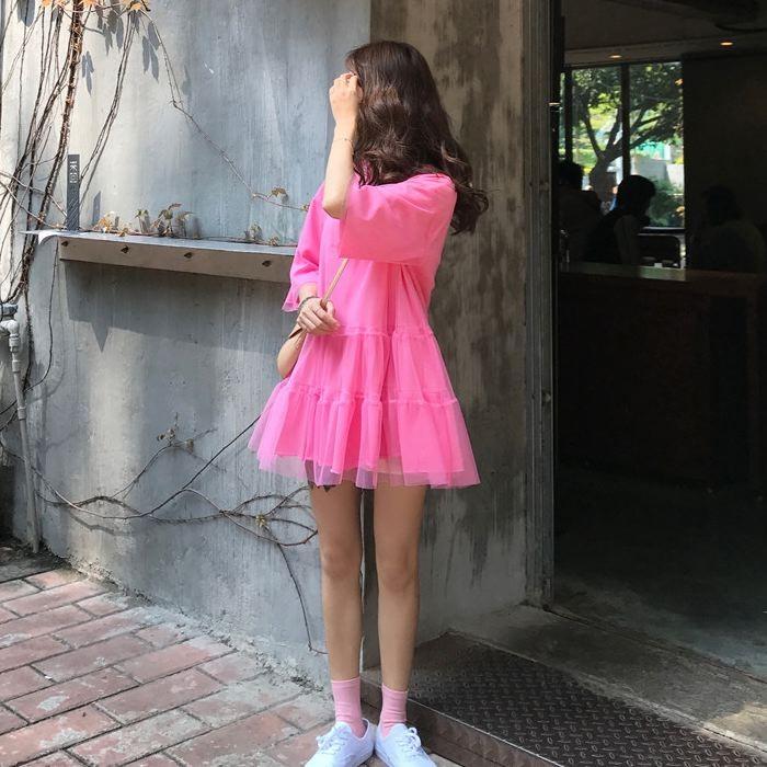 ワンピース ミニ丈 ロングTシャツ 五分袖 半袖 チュール フレア Aライン ピンク オレンジ ホワイト 白 シンプル 送料無料 |  | 11