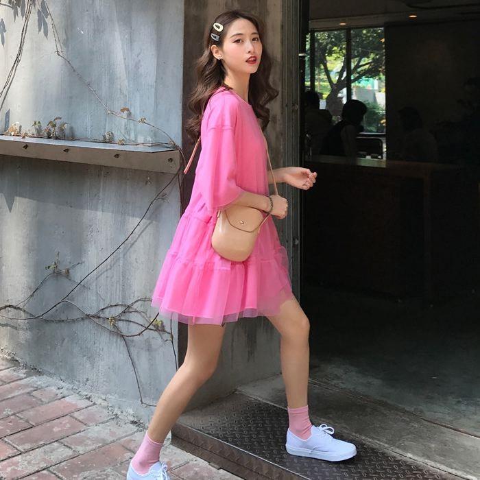 ワンピース ミニ丈 ロングTシャツ 五分袖 半袖 チュール フレア Aライン ピンク オレンジ ホワイト 白 シンプル 送料無料 |  | 12