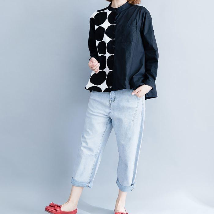 ブラウス シャツ アシンメトリ― ドット柄 長袖 切り返し 大胆 トップス チュニック レディース 大きいサイズ 体型カバー 着やせ ドット 送料無料 |  | 01