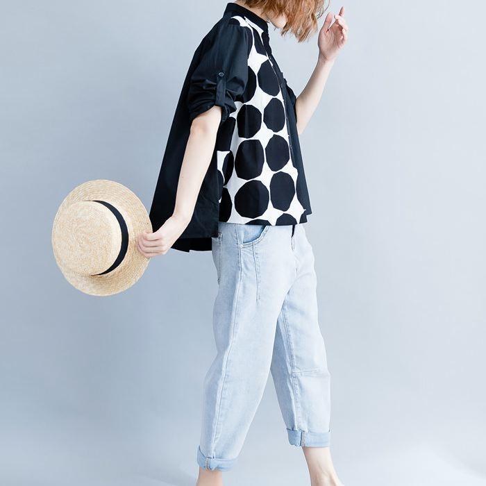 ブラウス シャツ アシンメトリ― ドット柄 長袖 切り返し 大胆 トップス チュニック レディース 大きいサイズ 体型カバー 着やせ ドット 送料無料 |  | 06