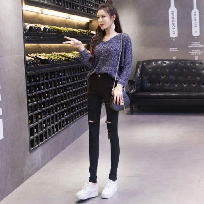 ダメージスキニーパンツ 穴あき ブラック ストレッチ パンツ ハイウエスト スキニー ズボン 可愛い オシャレ 送料無料 |  | 06