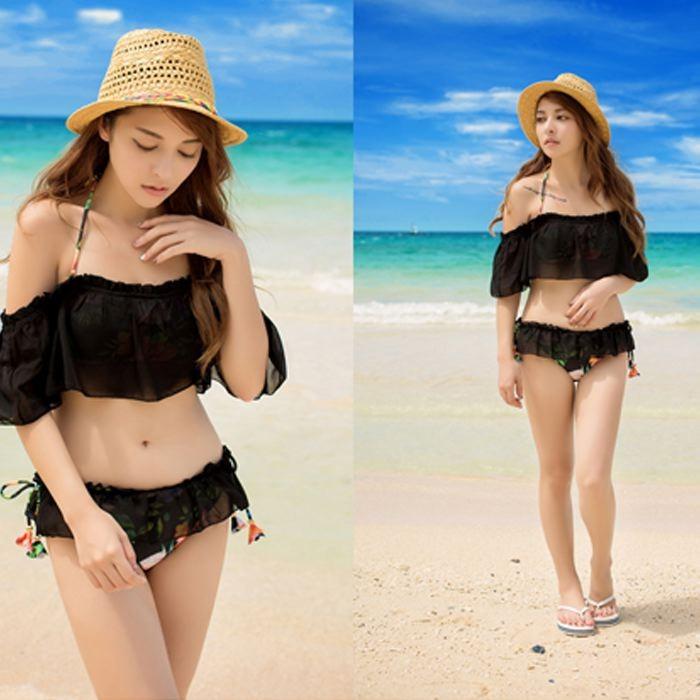 水着 オフォショル ビキニ レディース 体型カバー セパレート 2点 セット フレアトップ 花柄 レース 可愛い フリル 送料無料 800 |  | 17