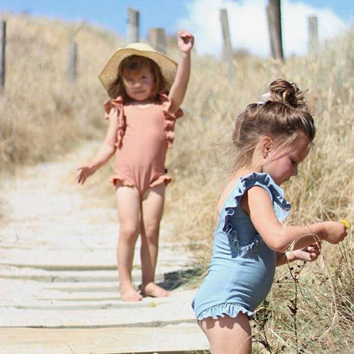 水着子供 おしゃれ  キッズ 水着 ベビー水着 子供 フリル ワンピース 袖フリル ブルーグレー オレンジ くすみカラー |  | 03