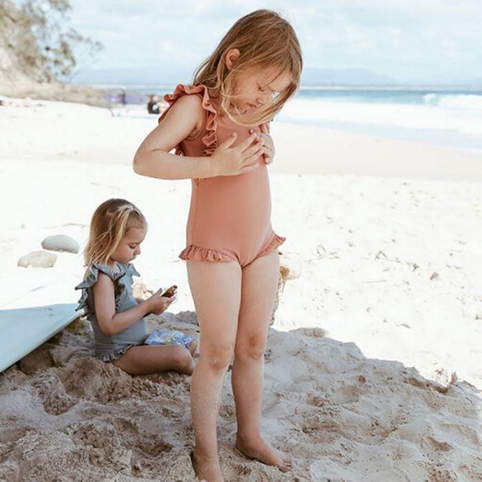 水着子供 おしゃれ  キッズ 水着 ベビー水着 子供 フリル ワンピース 袖フリル ブルーグレー オレンジ くすみカラー |  | 07