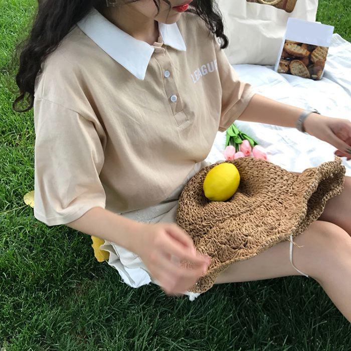 ポロシャツ ロゴ レディース 半袖  シンプル ブラック ホワイト アプリコット 可愛い オシャレ トレンド レトロ 送料無料 |  | 21