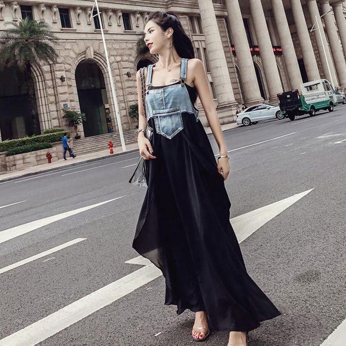 デニムワンピース レディース サロペット ノースリーブ おしゃれ デニム 切り替え マキシ 丈 ワンピ かわいい シフォン 黒 送料無料 |  | 09