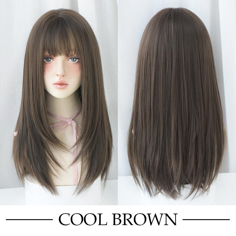 クールブラウン ゴールドブラウン ストレート ロング フルウィッグ 前髪あり 自然 ナチュラル かわいい ストレート 耐熱 イベント コスプレ ネット付き | 
