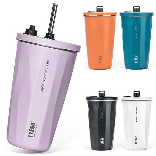 TYESO タンブラー ストロー付き ステンレス 広口 真空断熱 ホームオフィス アウトドア 多色 保温 保冷 ふた付き 600ml 大容量 女の子 男の子 | 