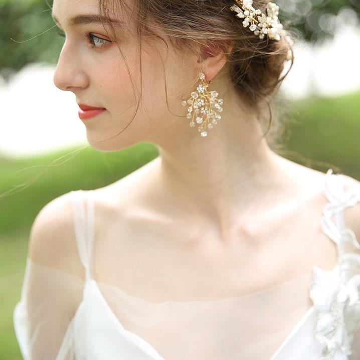 ゴールド 小枝 イヤリング／ピアス ウェディング 小枝ヘッドドレスと 