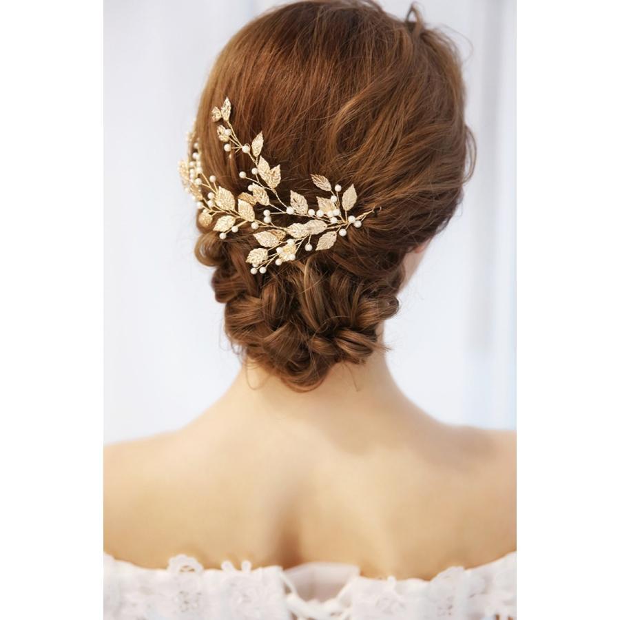 ウェディング ヘッドドレス ナチュラル ゴールドリーフとパール