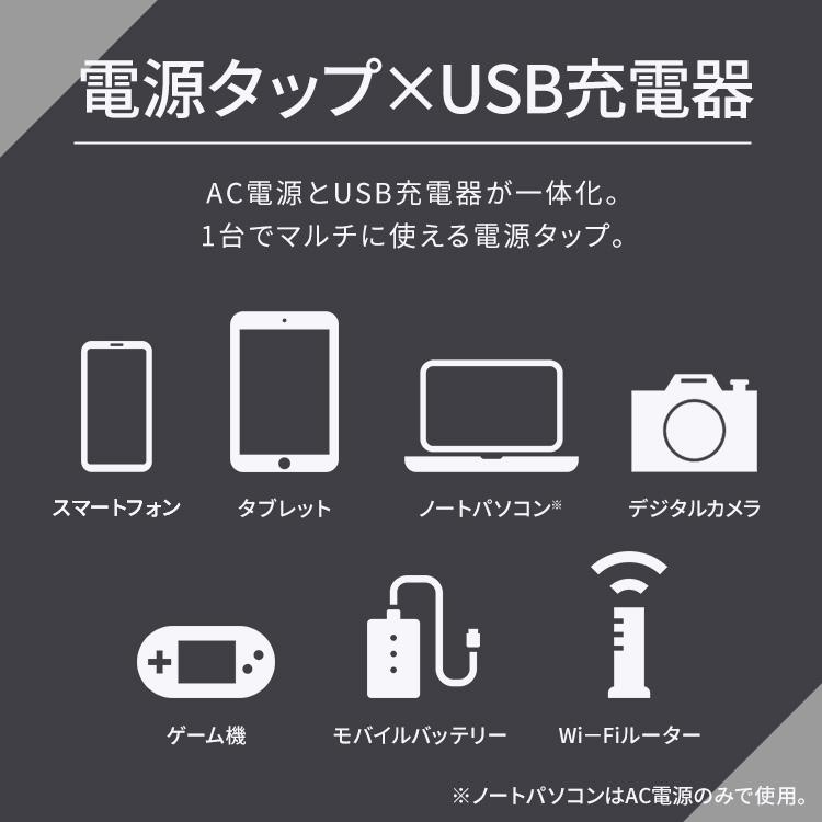 延長コード 2m 2口 コンセント usb USB充電ポート付きタップ TPU-22AA-W (D)｜irisplaza｜02