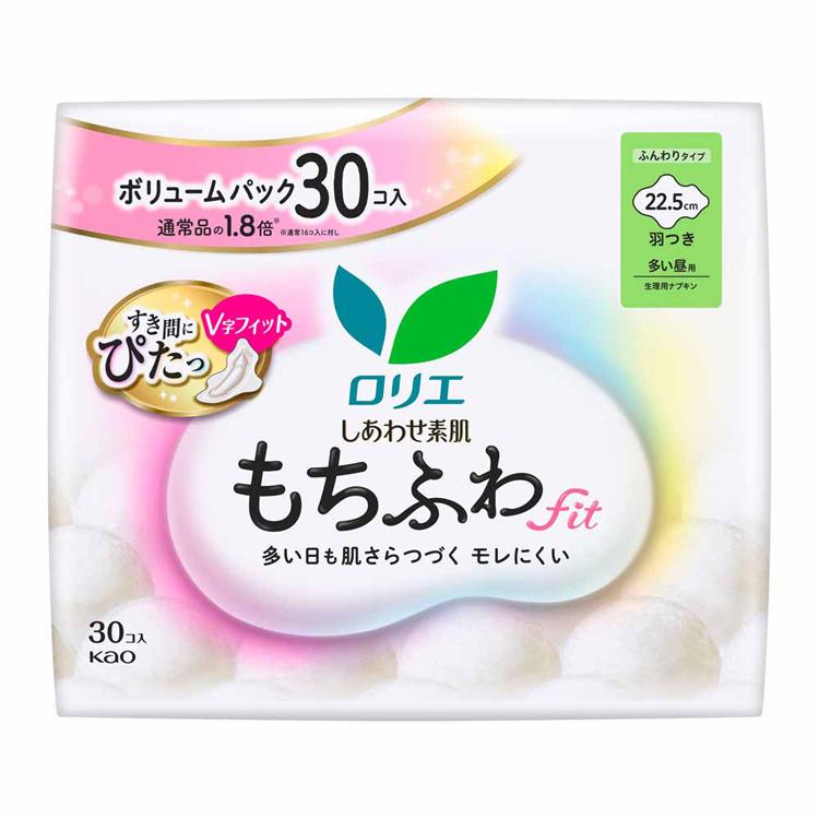生理用品 ナプキン ロリエ しあわせ素肌 もちふわfit 多い昼用 羽つき 30コ 12個セット 22.5cm 幸せ素肌 羽付き 花王 Kao (B)