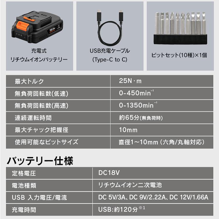 小型 充電式 Type-C充電＆バッテリー共用できる アイリスオーヤマ 18V ライト付き 電動ドリル ドリルドライバー ビットセット JCD25TC * 【満】