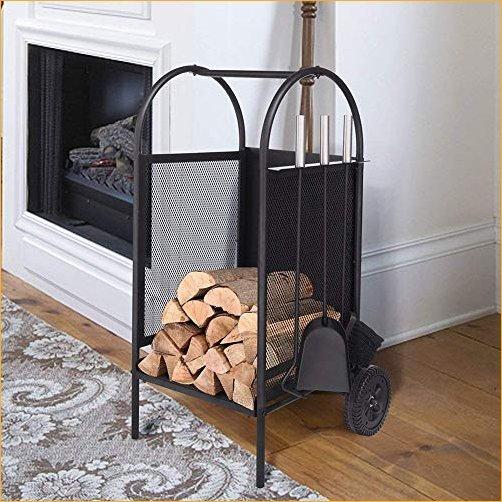 ART TO REAL Firewood Rack Log Cart with Large Wheels, Firewood Mover with 3 Fireplace Tool Set Fireplace Log Carriers Holders Black Wrought