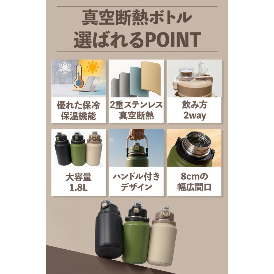 大容量1.8Lサイズ】水筒 真空断熱 ステンレスボトル ハンドル付き 2way